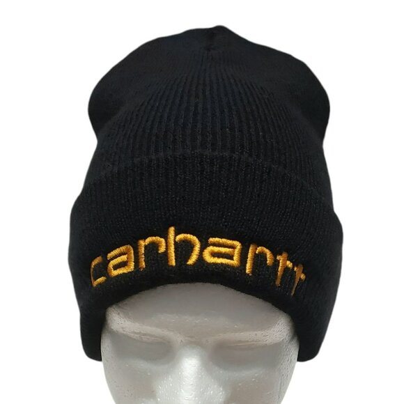 Carhartt Knit Beanie Hat Cuffed 3M Thinsulate Black Orange Spell Out Embroidered - Picture 2 of 8